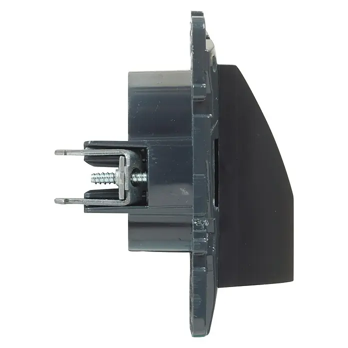 Legrand Niloé Step Pasacables - Antracita, Diámetro: 12 cm - Vista lateral de una toma de corriente gris con tornillo de montaje, ideal para instalaciones eléctricas y montaje en pared.
