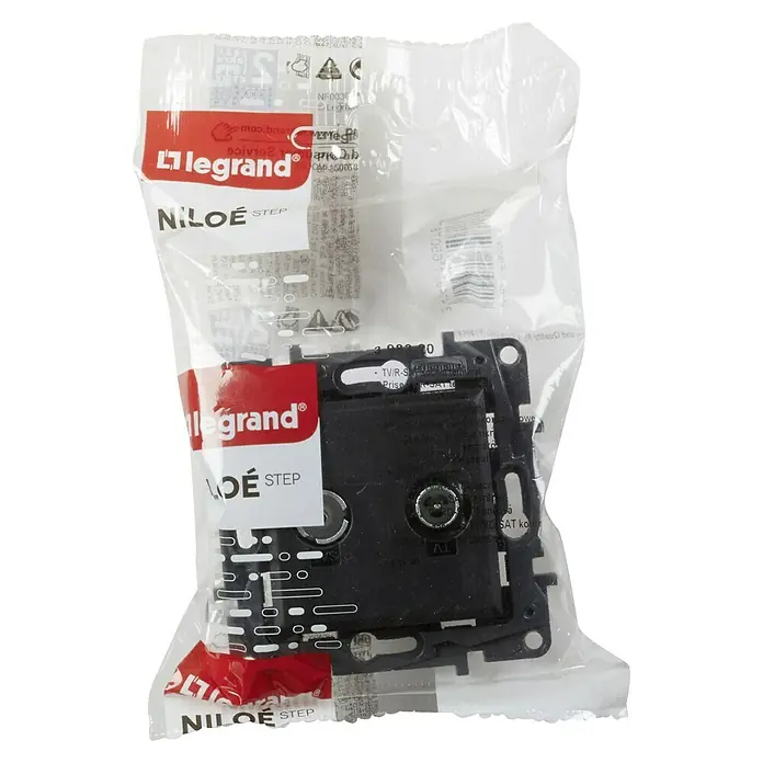 Legrand Niloé Step Pieza insertada para caja de antena Final - x 2, Antracita - Primer plano de un enchufe TV/R-SAT Legrand Niloé Step en un embalaje transparente, que muestra los detalles del producto.