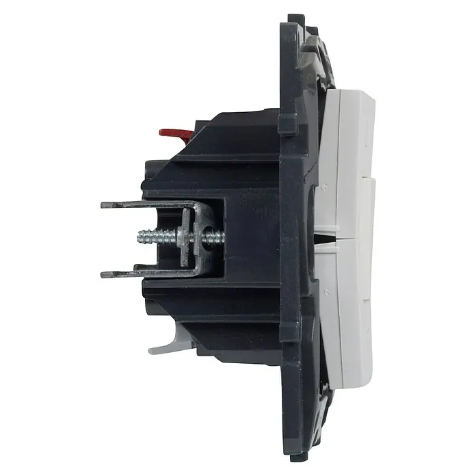 Legrand Niloé Step Interruptores para persianas - Blanco, Mate, Montaje en superficie - Vista lateral de un interruptor con un soporte negro robusto y un mecanismo de tornillo para un montaje seguro.