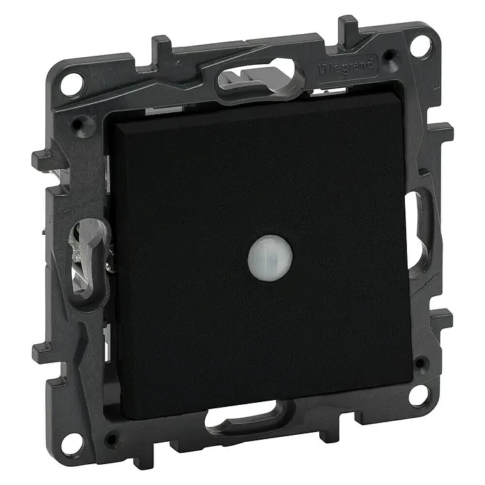 Legrand Niloé Step Interruptor de sensor inteligente - Antracita, x 1, Vertical, Instalar - Primer plano de un interruptor Legrand con un botón negro y un marco gris, ideal para interiores modernos.