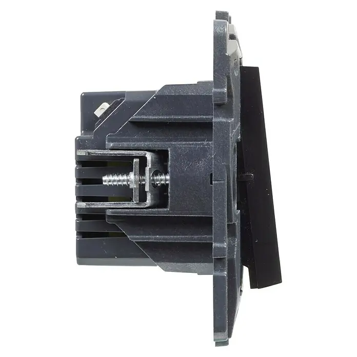 Legrand Niloé Step Interruptor de sensor inteligente - Antracita, x 1, Vertical, Instalar - Primer plano de un interruptor de luz gris con un distintivo interruptor negro, destacando los detalles mecánicos del producto.