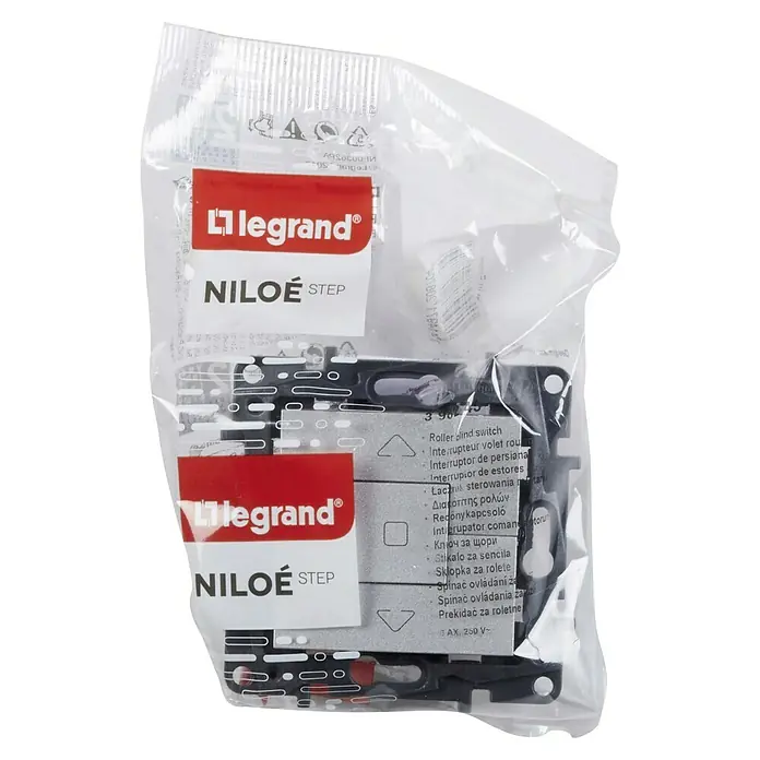 Legrand Niloé Step Interruptores para persianas - Aluminio, Mate, Montaje en superficie - Interruptor para persiana Legrand Niloe Step en su embalaje original. Ideal para instalaciones domésticas modernas.