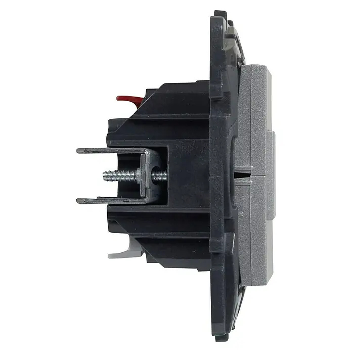 Legrand Niloé Step Interruptores para persianas - Aluminio, Mate, Montaje en superficie - Vista lateral de un interruptor de luz gris con marco negro, que muestra detalles como tornillos y soportes de montaje.
