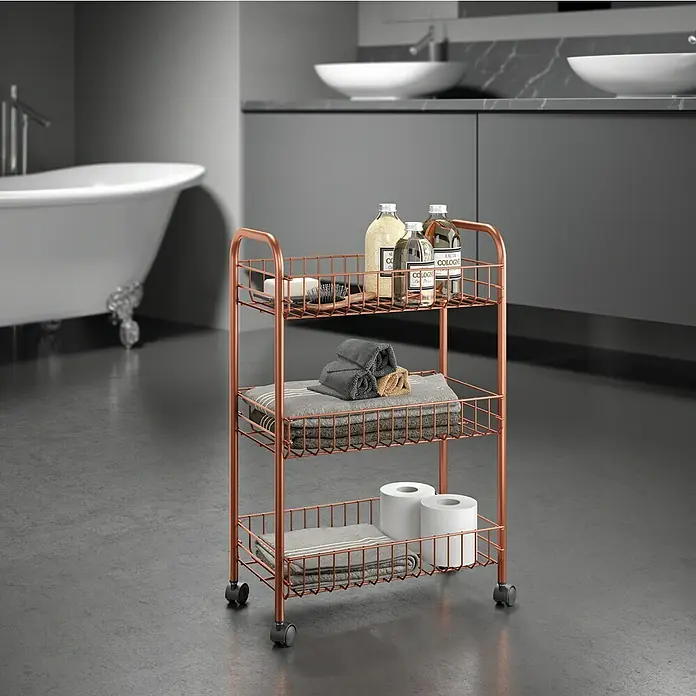Metaltex BeistellwagenL x B x H: 41 x 23 x 63 cm, Kupfer - Dreistufiger Rollwagen aus Kupfer mit Kosmetika, Handtüchern und Toilettenpapier für das Badezimmer.