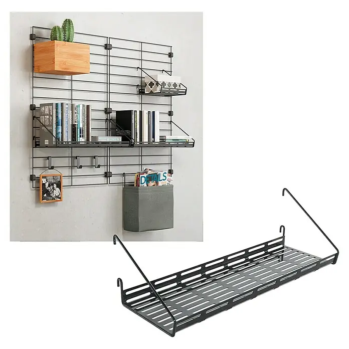 Metaltex Regalboden Mural Line - L x B x H: 45 x 15 x 12 cm, Schwarz - Das Bild zeigt ein modernes Wandregalsystem mit verschiedenen Fächern und Ablagemöglichkeiten, ideal für Bücher, Pflanzen und Dekoartikel.