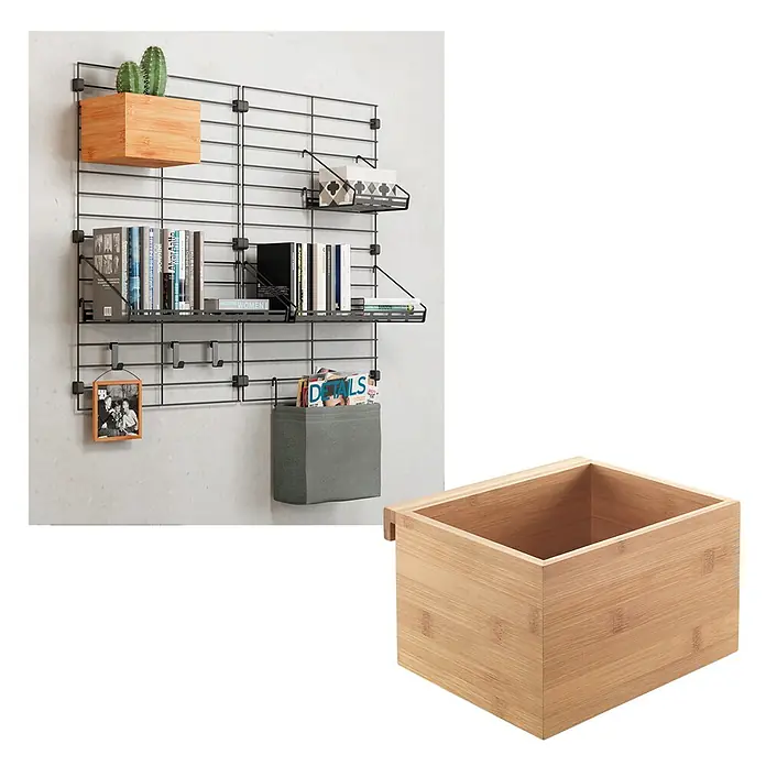 Metaltex Holzkiste Mural Line - L x B x H: 19 x 15 x 12 cm, Braun - Wandregal mit Holzbox: Ein modernes Wandregal mit einer schwarzen Gitterstruktur, ergänzt durch eine stilvolle Holzbox für Pflanzen oder Dekorationen.
