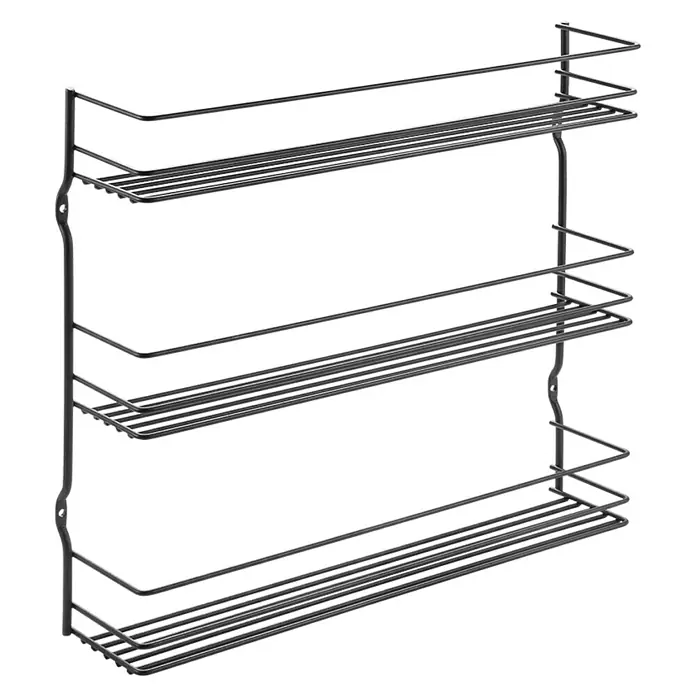 Metaltex Gewürzregal Pepito - Schwarz, L x B x H: 36 x 8 x 31 cm, Metall - Dieses Bild zeigt ein graues, dreistöckiges Gewürzregal aus Metall, das eine praktische und stilvolle Aufbewahrungslösung für Küchenutensilien bietet.