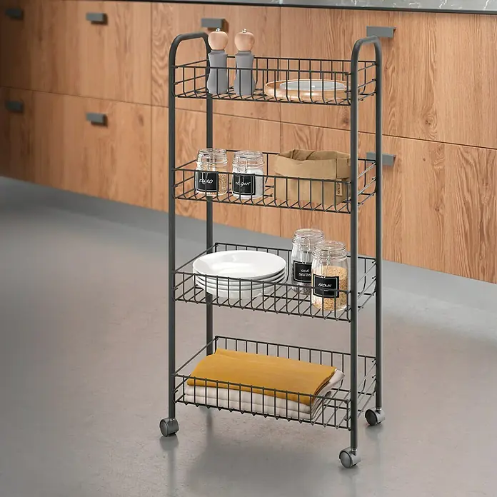 Metaltex Beistellwagen - L x B x H: 41 x 23 x 84 cm, Schwarz - Ein dreistöckiger Küchenwagen in dunklem Grau mit verschiedenen Küchenutensilien auf jeder Ebene. Praktisch und stilvoll für jede Küche.