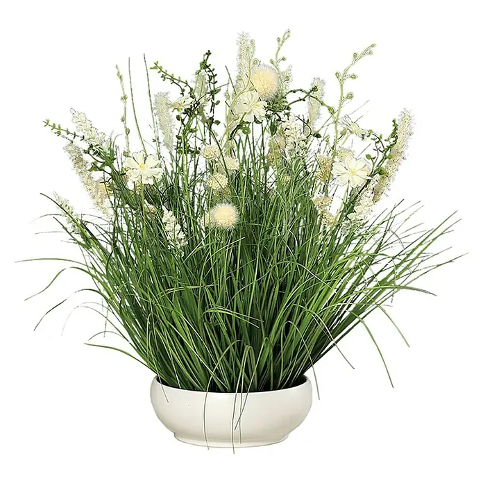 Kunstblume Wiesenblumen - Höhe: 50 cm, Creme, Kunststoff - Üppiges künstliches Grasarrangement mit zarten weißen Blüten in einem runden weißen Topf, ideal für die Innendekoration.