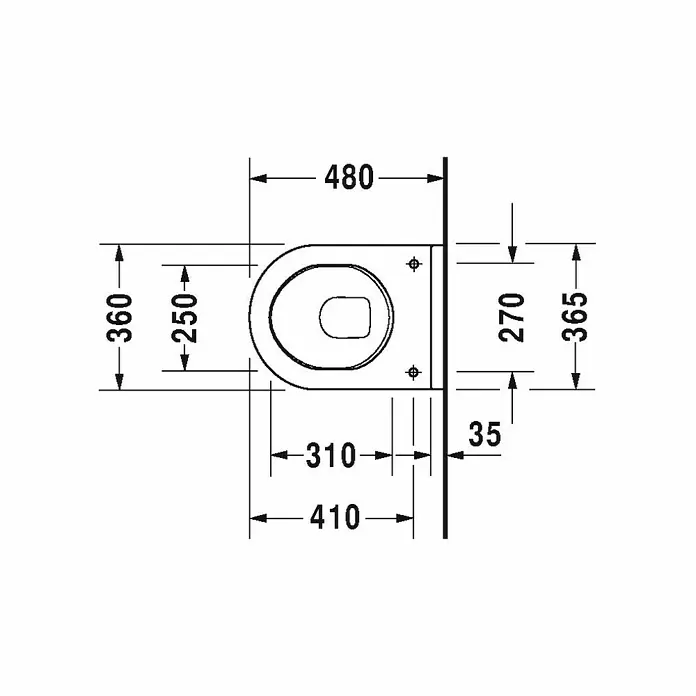 Duravit Starck 3 Wand-WC Compact - Mit Spülrand, Mit schmutzabweisender Glasur, Spülform: Tief, WC Abgang: Waagerecht, Sichtbarkeit Befestigung: Sichtbar - Technische Zeichnung eines wandhängenden WCs mit den Maßen 480x360 mm und Montageabstand 270 mm. Das WC hat einen Abstand von 310 mm zur Wand.