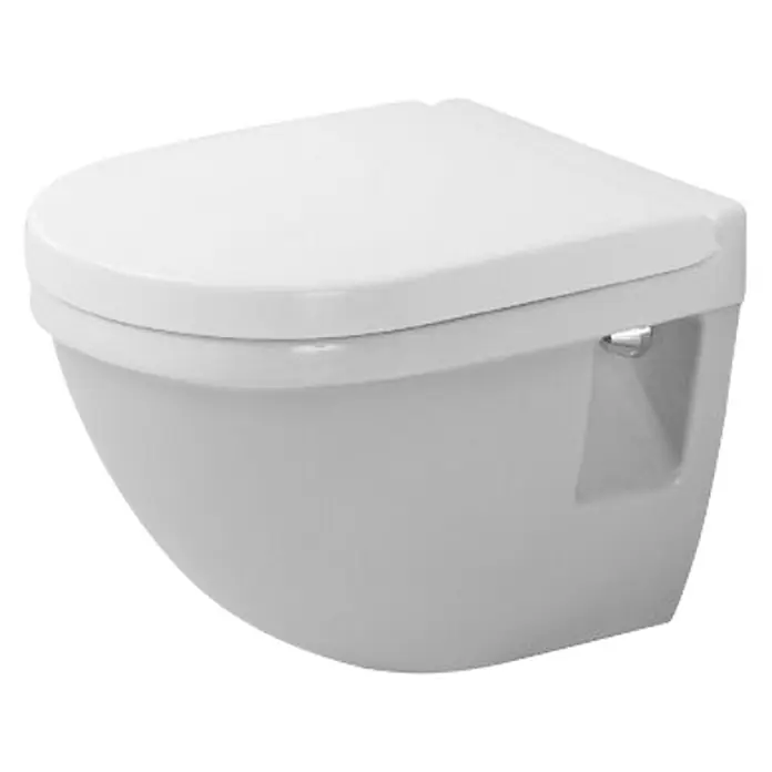 Duravit Starck 3 Wand-WC Compact - Mit Spülrand, Mit schmutzabweisender Glasur, Spülform: Tief, WC Abgang: Waagerecht, Sichtbarkeit Befestigung: Sichtbar - Nahaufnahme einer wandhängenden Toilette mit geschlossenem Deckel. Das WC ist in einem hellen Farbton gehalten.