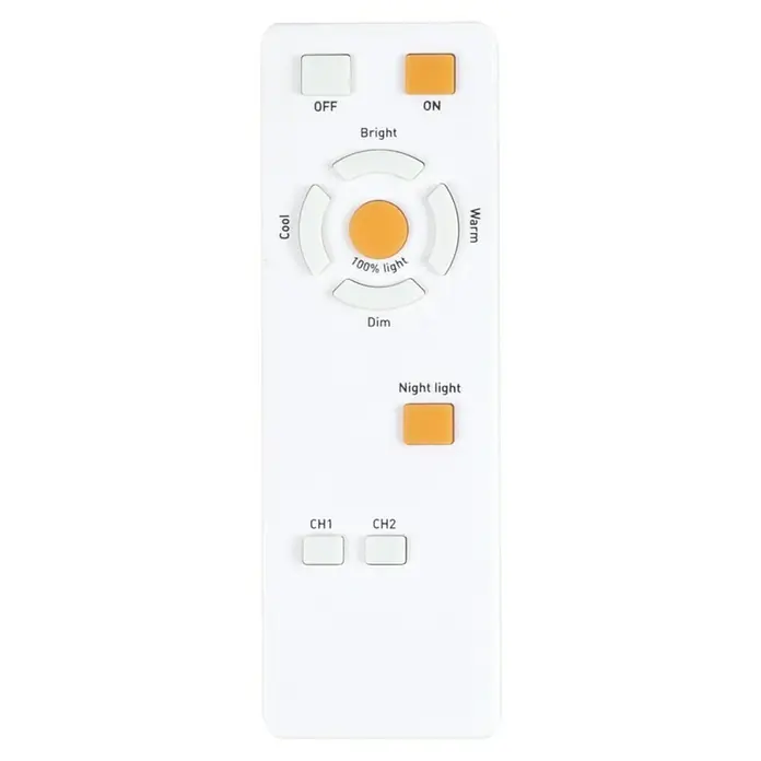 Globo LED-Deckenleuchte rund Optima - 30 W, Ø x H: 46 x 8,5 cm, Weiß, Klar, Warmweiß - Nahaufnahme einer weißen Fernbedienung mit mehreren Tasten zur Steuerung verschiedener Beleuchtungsfunktionen.