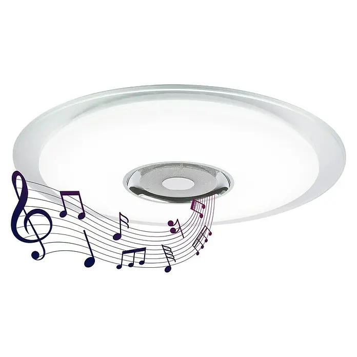 Globo Plafón LED redondo Tune - 36 W, Ø x Al: 600 mm x 6,1 cm, Blanco, RGB - La lámpara de techo LED con altavoz integrado proporciona iluminación y música. Su diseño moderno complementa muchos espacios habitables.