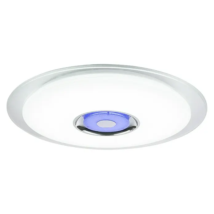 Globo Plafón LED redondo Tune - 36 W, Ø x Al: 600 mm x 6,1 cm, Blanco, RGB - Primer plano de una lámpara de techo moderna con un acento azul en el centro y un borde claro y reflectante.