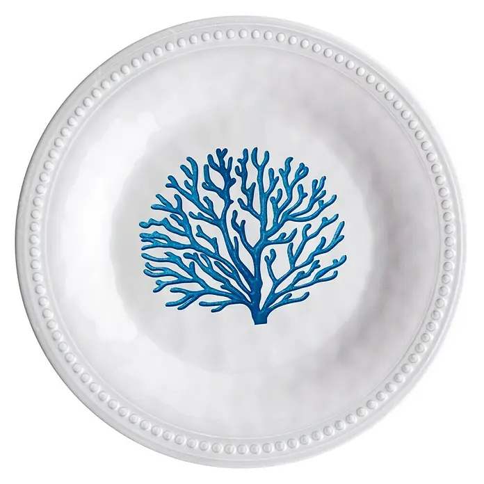 Marine Business Harmony Plato redondo - 6 ud., Diámetro: 21,5 cm, Plástico, Blanco/Azul - Plato decorativo de cerámica con diseño de coral azul y borde con cuentas, ideal para mesas elegantes.