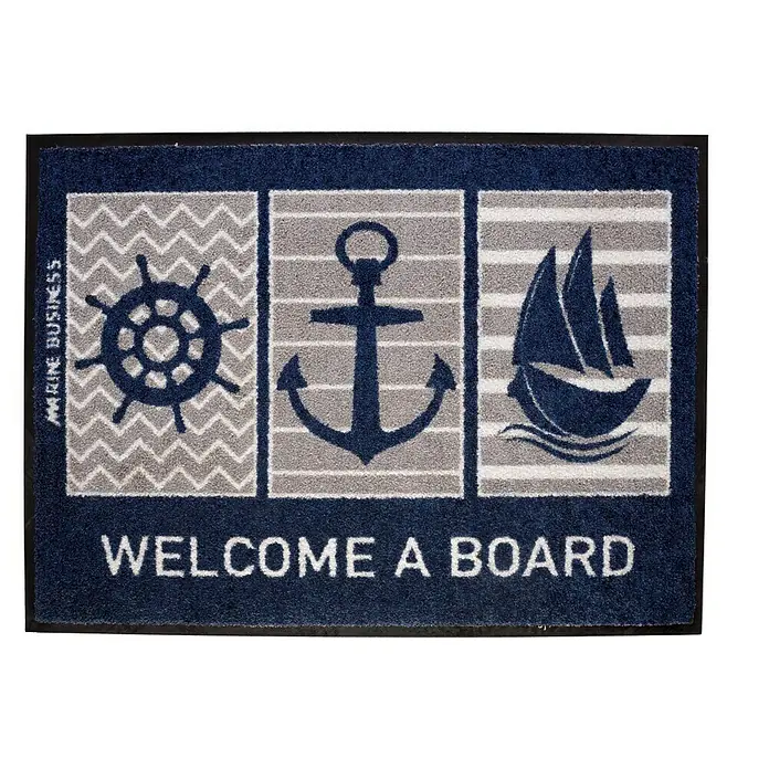 Marine Business Alfombra exterior Welcome a Board - 70 x 50 cm, Azul - Felpudo marino con diseño náutico, con timón, ancla y velero, que ofrece un toque náutico acogedor para cualquier entrada.