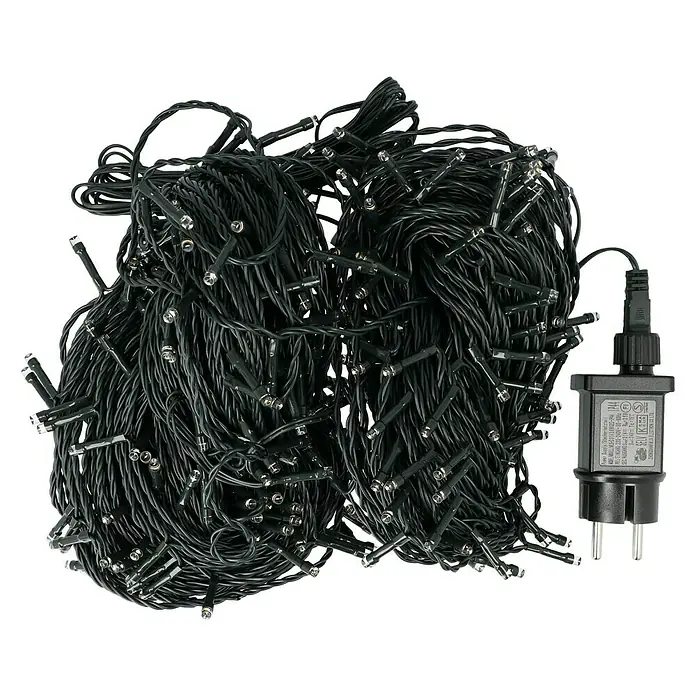 Tween Light Guirnalda luminosa LED - Para exterior, Color de luz: Blanco cálido, Número de bombillas: 400 ud., Funcionamiento en red, 65 m - Una pila de luces negras con luces LED blanco frío y un adaptador de corriente a juego. Perfecto para decoraciones festivas.