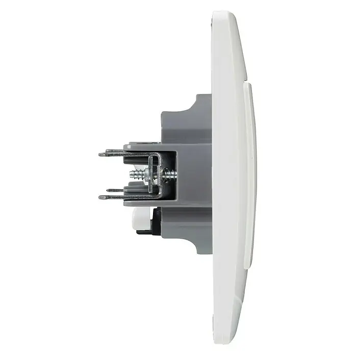Legrand Niloé Monoblock Toma de red RJ45 - x 1, Blanco, Montaje en la pared - Vista lateral de un enchufe blanco, mostrando la mecánica interna del producto y los elementos de montaje.