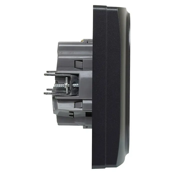 Legrand Niloé Monoblock Enchufe doble - Negro, x 2, Plástico, Montaje en la pared, Instalar - Vista lateral de un dispositivo electrónico con componentes grises y negros. El dispositivo cuenta con tornillos y conectores.