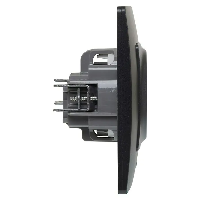 Legrand Niloé Monoblock Enchufe - Negro, Plástico, Instalar - Vista lateral de un interruptor electrónico, mostrando su soporte de tornillo y un diseño elegante y moderno. El interruptor tiene una combinación de colores gris y negro.
