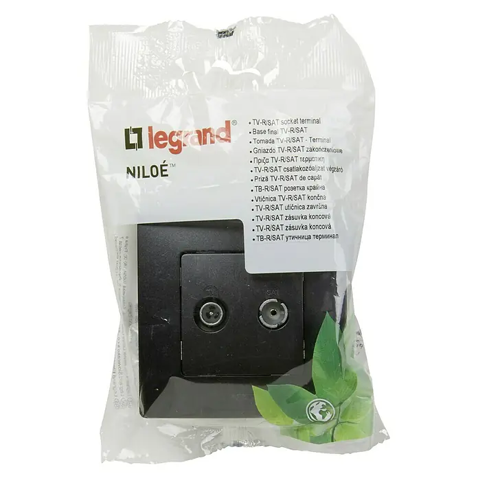 Legrand Niloé Monoblock Pieza insertada para caja de antena Final - x 2, Negro - Primer plano de una toma de TV-R/SAT Legrand Niloe negra, embalada y apta para uso doméstico.