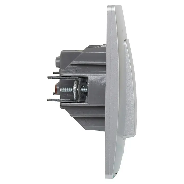 Legrand Niloé Monoblock Cruzamiento - Plateado, Instalar, Plástico, 10 A - Vista lateral de una caja de interruptor de luz gris que muestra tornillos y detalles internos, ideal para instalación o vitrinas de productos.