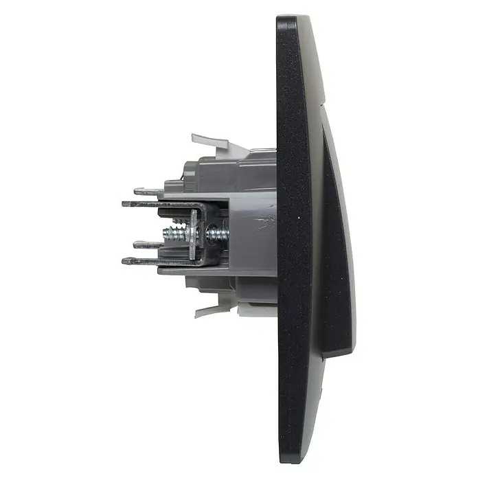 Legrand Niloé Monoblock Pulsador - Negro, Montaje en la pared, 6 A - Vista lateral de un interruptor de luz gris con tornillos y lengüetas metálicas para fijar los cables.