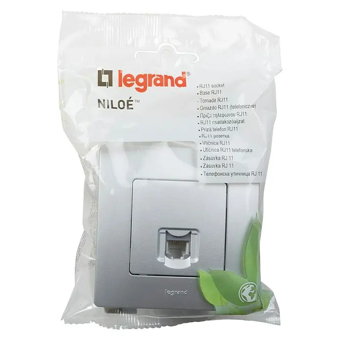 Legrand Niloé Monoblock Toma de teléfono RJ11 - Plateado, Instalar - Base de enchufe telefónico Legrand Niloe RJ11 en plata, embalado. Ideal para instalación en pared en casa u oficina.