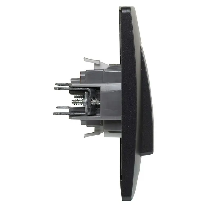 Legrand Niloé Monoblock Conmutador - Negro, Colocar, IP44 - Primer plano de un interruptor de luz en gris y plata que muestra el detalle de tornillos y conectores.