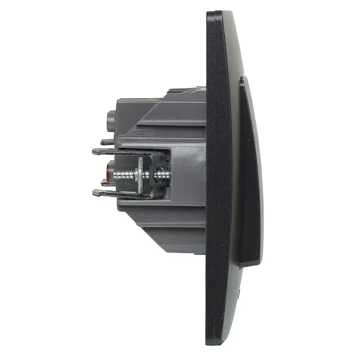 Legrand Niloé Monoblock Cruzamiento - Negro, Instalar, Plástico, 10 A - Una vista lateral de cerca de un interruptor, que detalla la construcción del producto y las conexiones de los terminales.