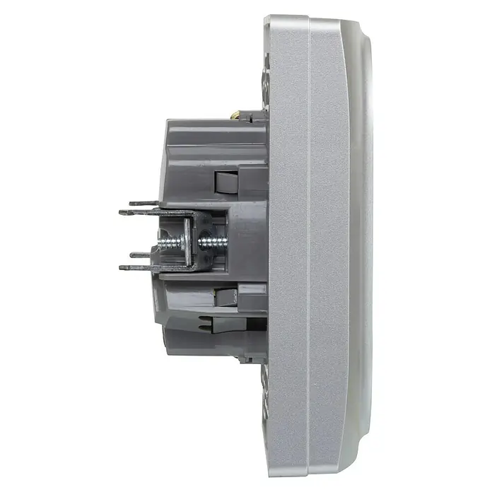 Legrand Niloé Monoblock Enchufe doble - Plateado, x 2, Plástico, Montaje en la pared, Instalar - Vista lateral de un interruptor, resaltando el mecanismo interno y los componentes de instalación. Ideal para documentación técnica.