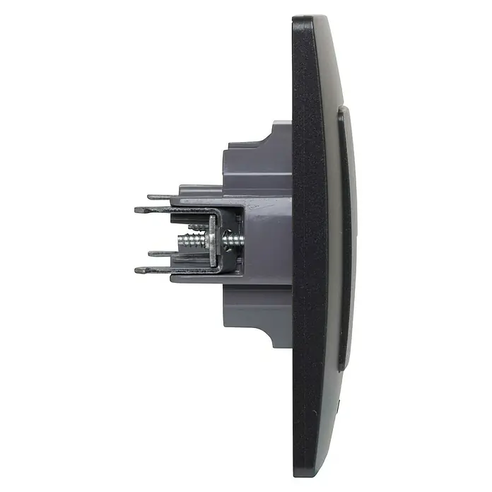 Legrand Niloé Monoblock Toma de teléfono RJ11 - Negro, Instalar - Primer plano de un dispositivo electrónico, que destaca los componentes internos y el perfil lateral de la carcasa.