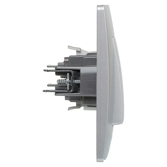 Legrand Niloé Monoblock Conmutador - Plateado, Colocar, IP44 - Primer plano de un interruptor de luz de perfil.