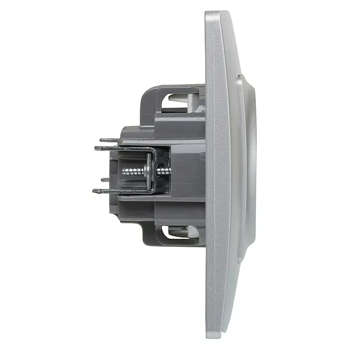 Legrand Niloé Monoblock Enchufe - Plateado, Plástico, Instalar - Vista lateral de un interruptor de luz con tornillos y montaje gris. El diseño elegante del interruptor complementa cualquier interior.