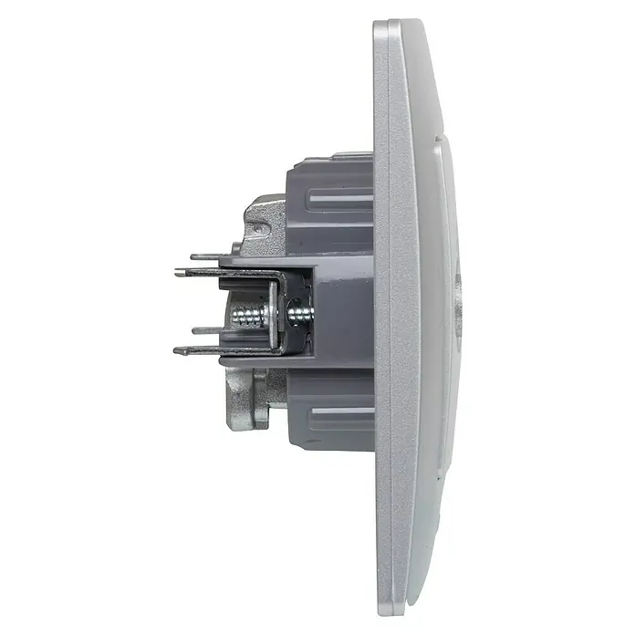 Legrand Niloé Monoblock Pieza insertada para caja de antena Final - x 2, Plateado - Vista detallada de un enchufe plateado con inserción metálica, destacando su construcción y diseño de alta calidad.
