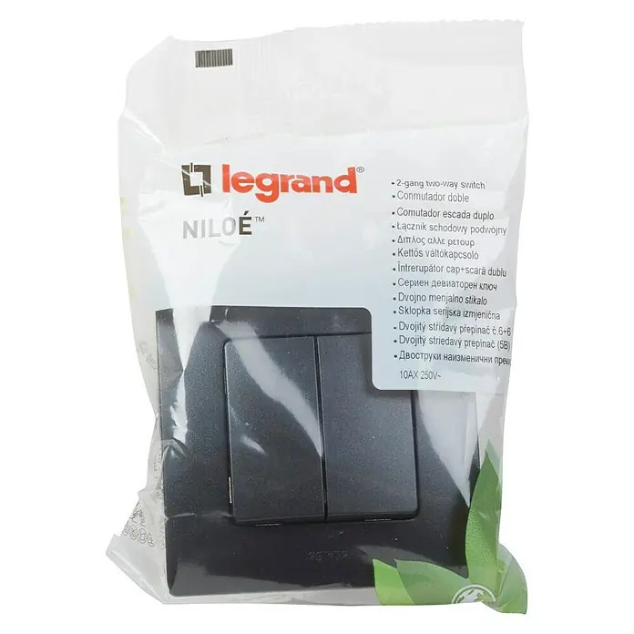 Legrand Niloé Monoblock Conmutador doble - Negro, Instalar, Plástico - Interruptor doble Legrand Niloe™ en antracita empaquetado, ideal para un control de iluminación interior elegante y funcional.