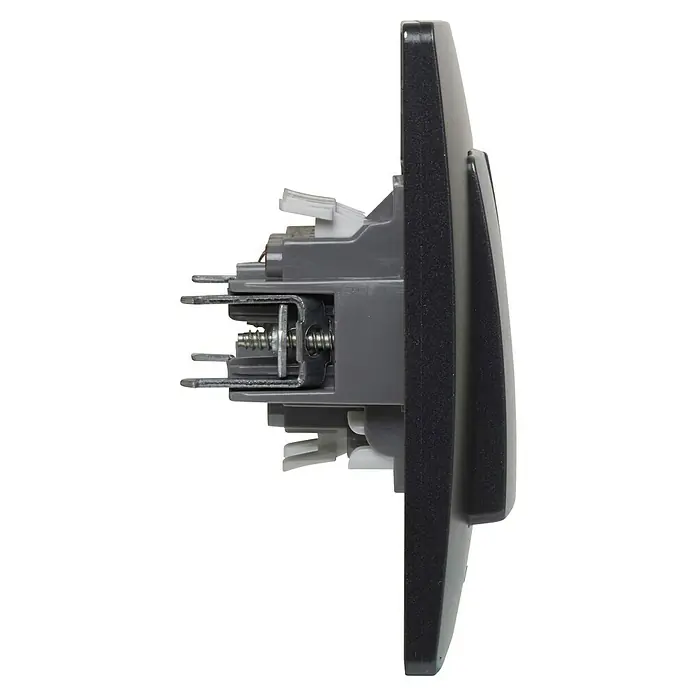 Legrand Niloé Monoblock Conmutador doble - Negro, Instalar, Plástico - Vista lateral de un interruptor de luz, con carcasa gris y conexiones internas visibles.