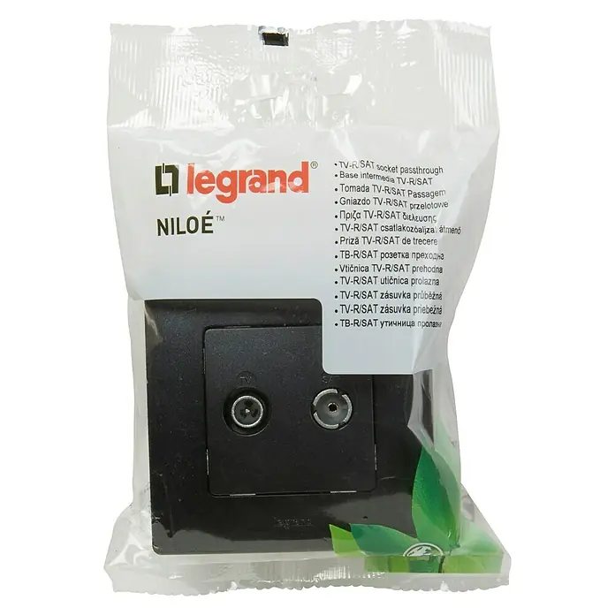 Legrand Niloé Monoblock Pieza insertada para caja de antena Intermedia - x 2, Negro - Toma de paso TV-R/SAT negra Legrand Niloe empaquetada, para conectar señales de TV y satélite en el hogar.