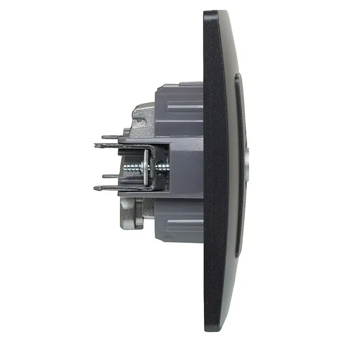 Legrand Niloé Monoblock Pieza insertada para caja de antena Intermedia - x 2, Negro - Vista lateral de un control de luz inteligente para el hogar negro, destacando el diseño del producto y la mecánica interna.