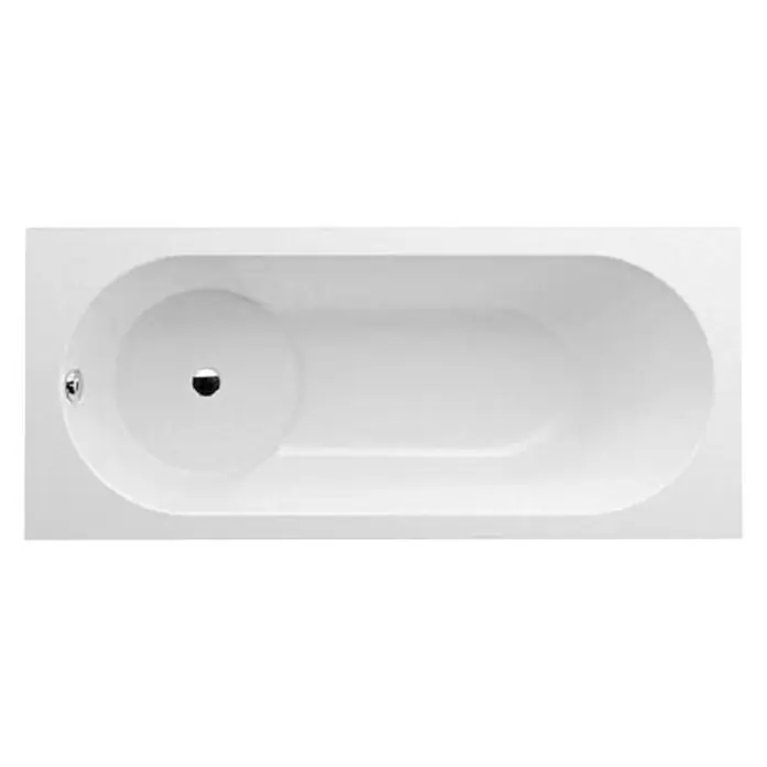 Villeroy & Boch Badewanne Libra - 170 x 75 cm, Quaryl, Weiß - Draufsicht auf eine Badewanne, die ein klares, minimalistisches Design mit einer ovalen Form und einem integrierten Abfluss zeigt.