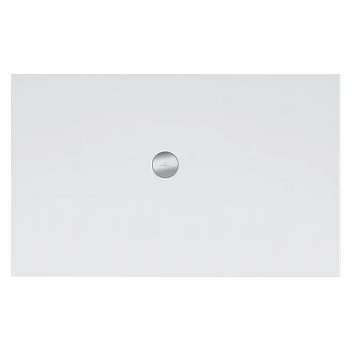 Villeroy & Boch Subway Duschwanne Infinity - L x B: 100 x 70 cm, Keramik, Weiß, 4-seitig - Das Bild zeigt eine moderne, rechteckige Duschwanne in Weiß mit einem runden Abfluss in der Mitte. Die Duschwanne ist schlicht und elegant gestaltet.