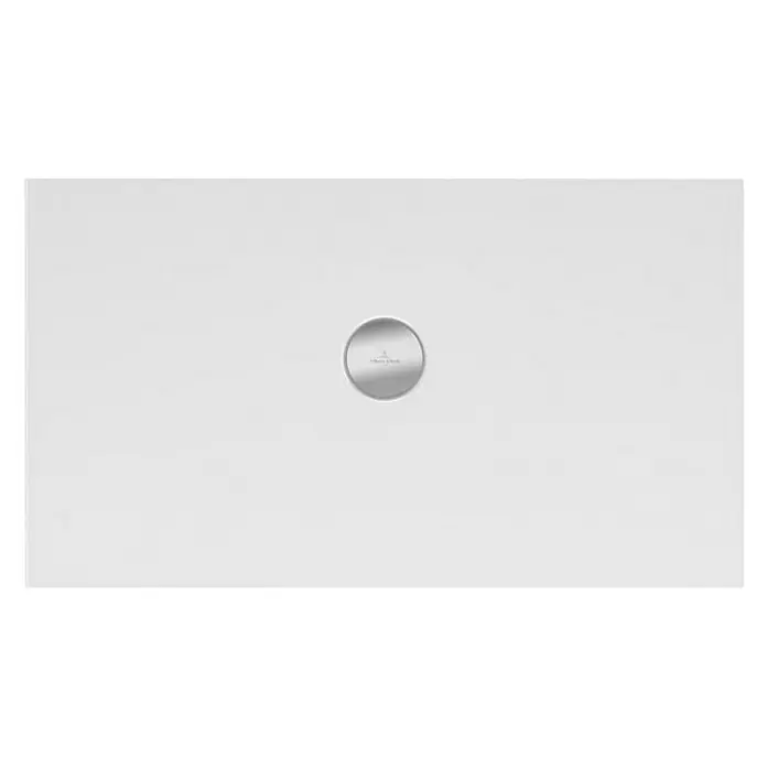 Villeroy & Boch Subway Duschwanne Infinity - L x B: 120 x 75 cm, Keramik, Weiß, An langer Seite - Rechteckige Duschwanne aus weißem Quaryl mit rundem, silberfarbenem Abfluss in der Mitte. Minimalistisches und modernes Design.