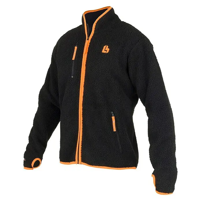 L.Brador Faserpelzjacke 6026P - Schwarz/Orange, S - Schwarze Fleecejacke mit orangefarbenen Akzenten und Reißverschluss vorne, ideal für Outdoor-Aktivitäten.