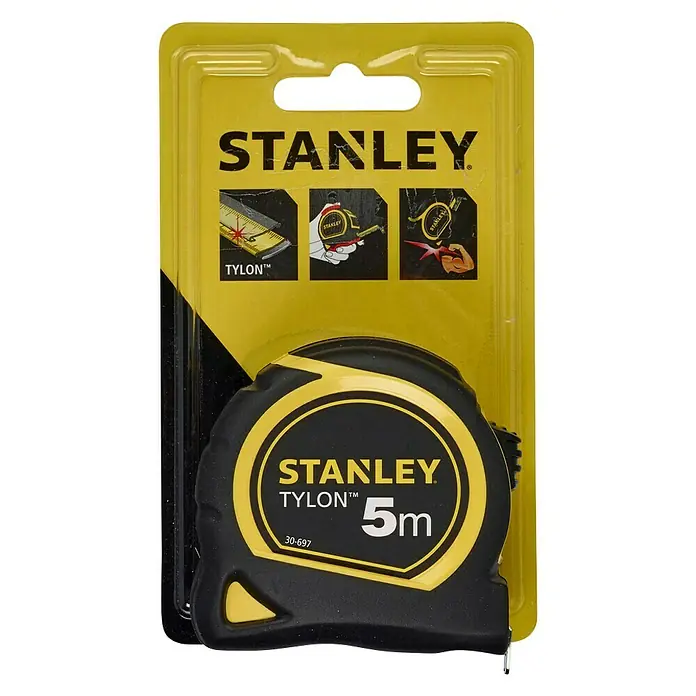Stanley Cinta métrica extensible BIMATERIA TYLON™ - Largo: 5 m, Plástico - Un nuevo metro Stanley Tylon de 5 m en un embalaje amarillo y negro. Ideal para mediciones precisas.