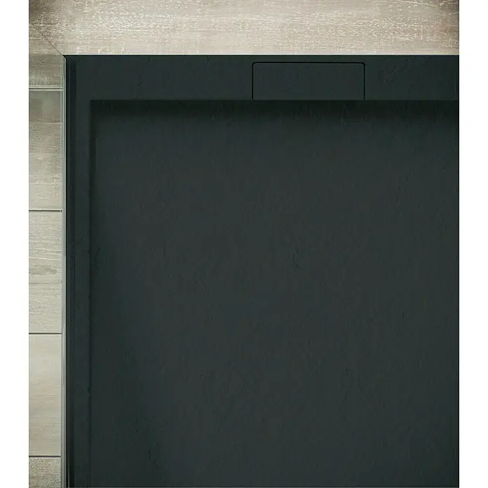 Ottofond Duschwanne Unico - L x B: 100 x 90 cm, Anthrazit - Schwarze Duschwanne mit Ablaufrinne, eingebettet in helle Fliesen. Stilvolles Baddesign mit moderner Ästhetik für ein elegantes Badezimmer.