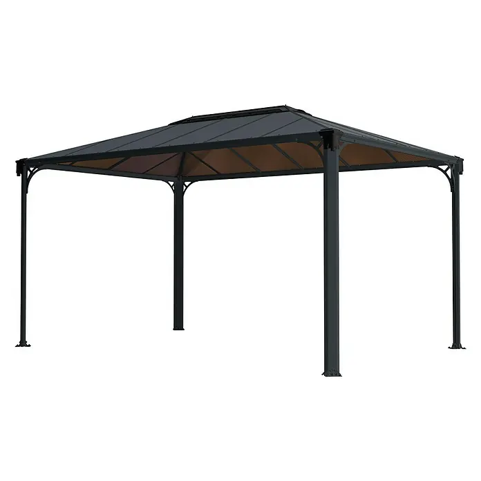 Palram – Canopia Pérgola estándar con cortinas Martinique - An x Pr: 300 x 430 cm, Color del armazón: Antracita, Aluminio - La imagen muestra un gazebo con un techo oscuro y pilares de soporte robustos, perfecto para exteriores.
