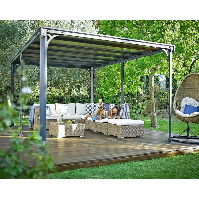 Palram – Canopia Pérgola estándar Milano - An x Pr: 435,9 x 315,5 cm, Color del armazón: Antracita, Aluminio - Pérgola elegante con zona de estar y muebles de relax en el jardín. El pabellón ofrece sombra y comodidad para horas de relajación al aire libre.