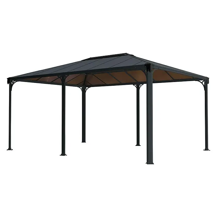Palram – Canopia Pérgola estándar con cortinas Martinique - An x Pr: 360 x 500 cm, Color del armazón: Antracita, Aluminio - En la imagen, un elegante mirador con estructura y techo oscuros, ideal para jardines y patios.