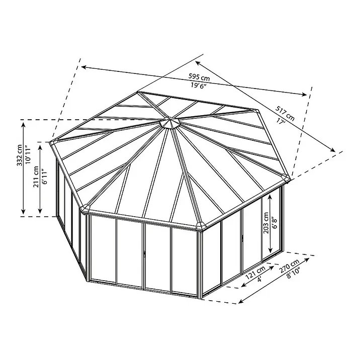 Palram – Canopia Pérgola de jardín cerrado Garda - L x An x Al: 5,95 x 5,17 x 3,13 m, Aluminio, Gris - Diagrama de una glorieta de jardín con dimensiones de altura, anchura y diámetro etiquetadas en centímetros y pies.