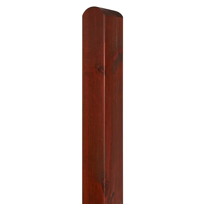 Andrewex Zaunpfosten - Länge: 95 cm, Braun - Nahaufnahme eines roten Holzpfostens mit abgerundeter Oberseite vor einem schwarzen Hintergrund, der die Holzstruktur hervorhebt.